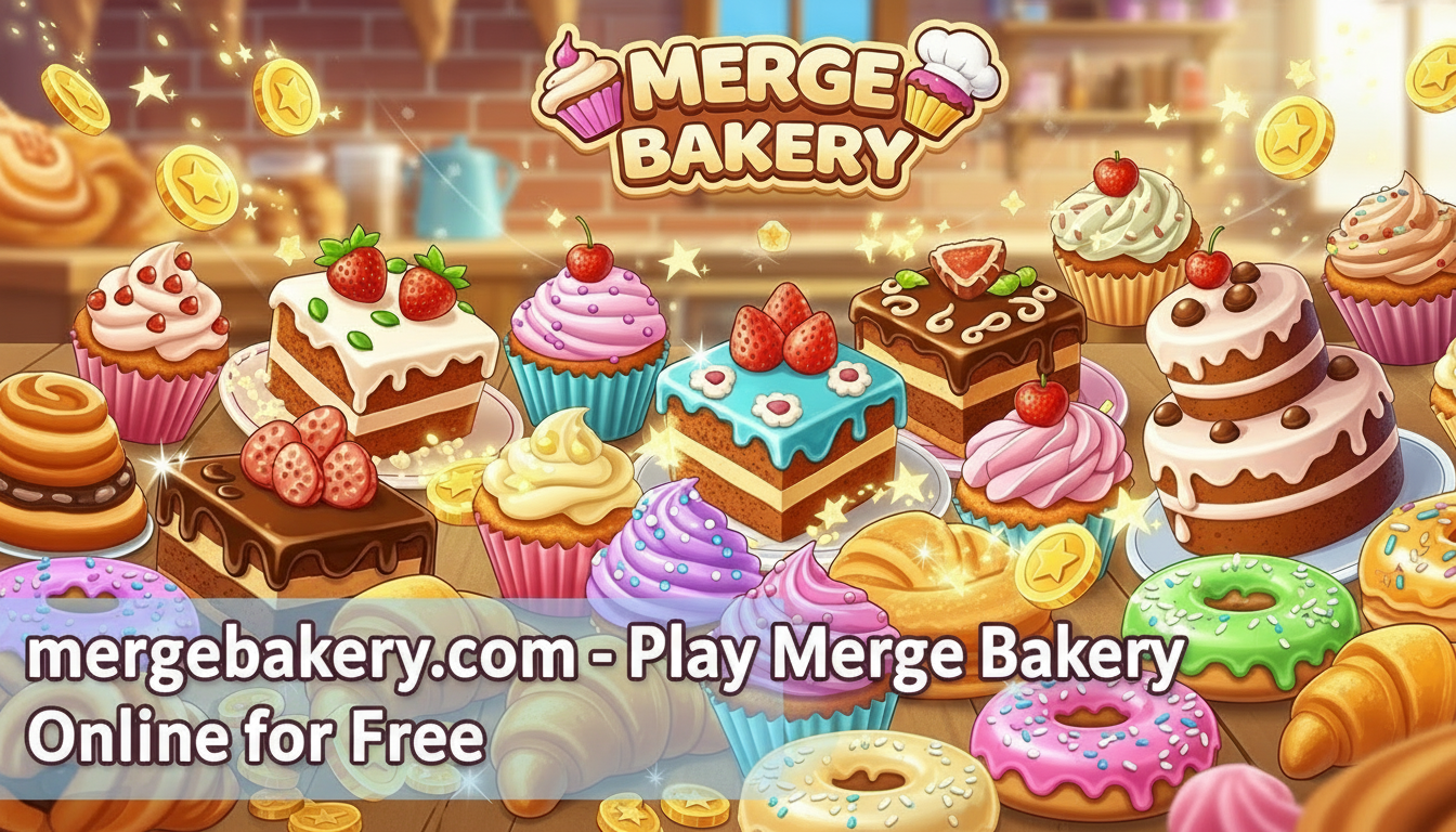Colorful merge bakery game showing various cakes and pastries being combined on a bright kitchen counter