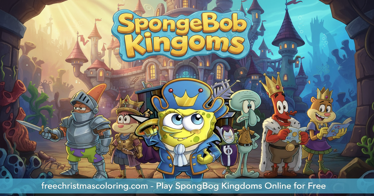 SpongeBob Kingdoms game showing SpongeBob as a king with Patrick and other characters in medieval costumes in an underwater castle setting